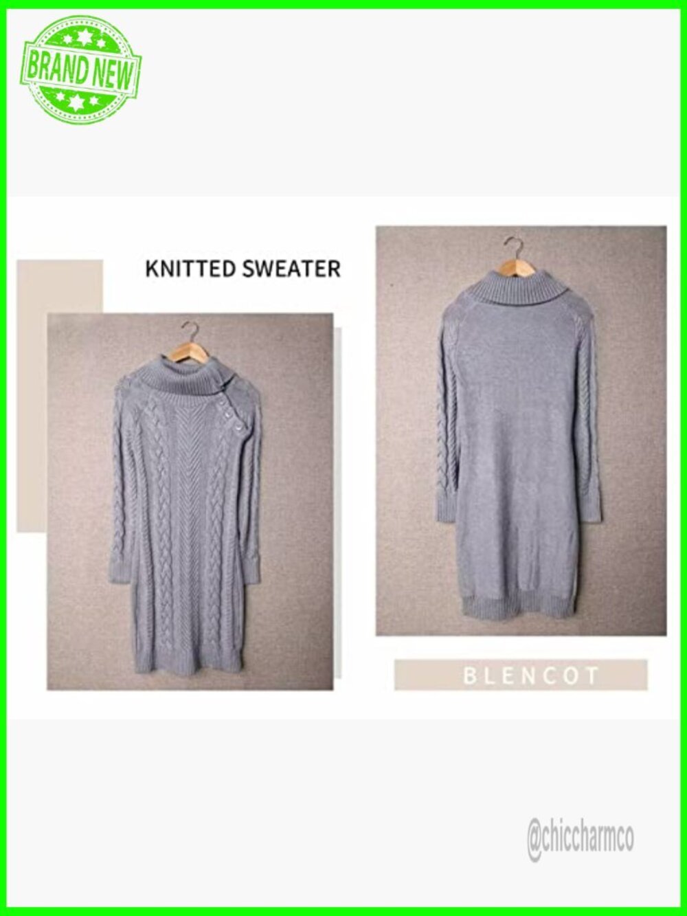 Chunky Cable Knit Turtleneck Pullover Sweater with Pockets Slim Fit - Picture 3 of 7